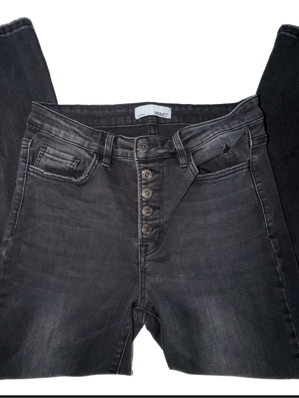 High-Rise Distressed Button-Fly Jeans in Washed Black — Women